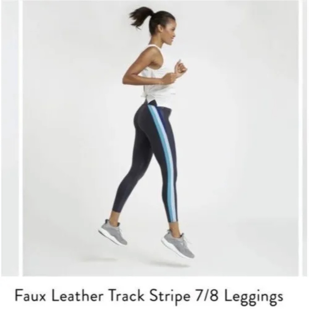 SPANX faux leather track strip Navy/cool blue leggings XSmall NWT